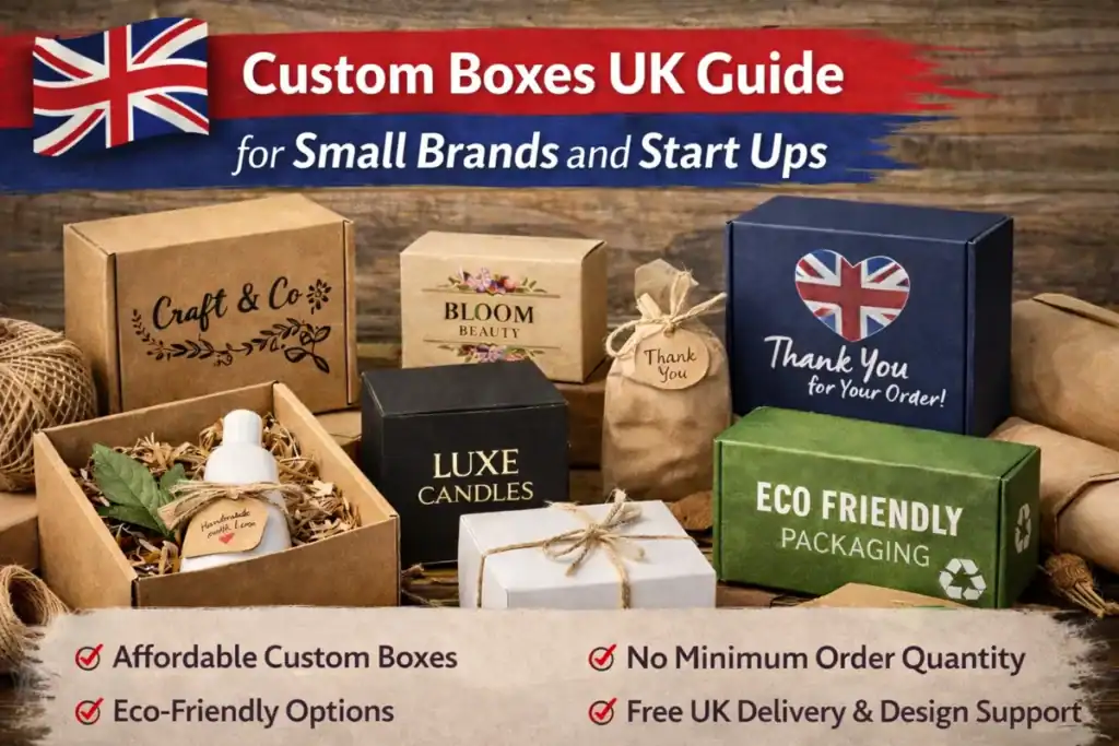 Custom boxes UK guide banner showing branded packaging for small brands and startups