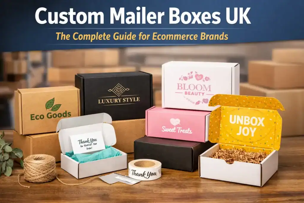 Custom mailer boxes on a packing desk showing Kraft and printed designs for UK ecommerce shipping